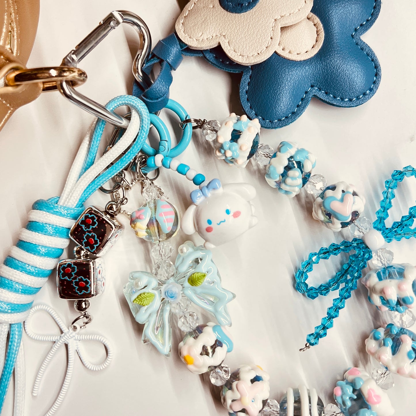 HANDMADE BAG CHARMS ~ FAUX LEATHER FLOWER/HAND PAINTED BEADS