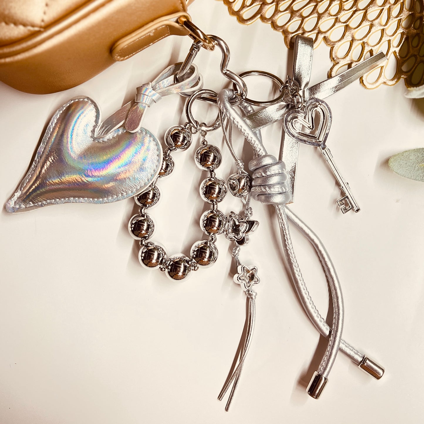 HANDMADE BAG CHARMS ~ SILVER HEART/SILVER BEADS CHAIN ~