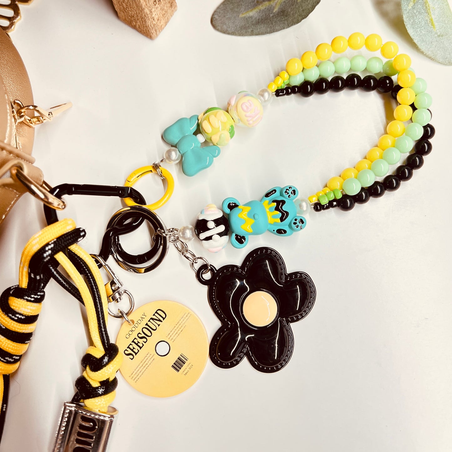 HANDMADE BAG CHARMS ~ BLACK FLOWER METAK CHARM