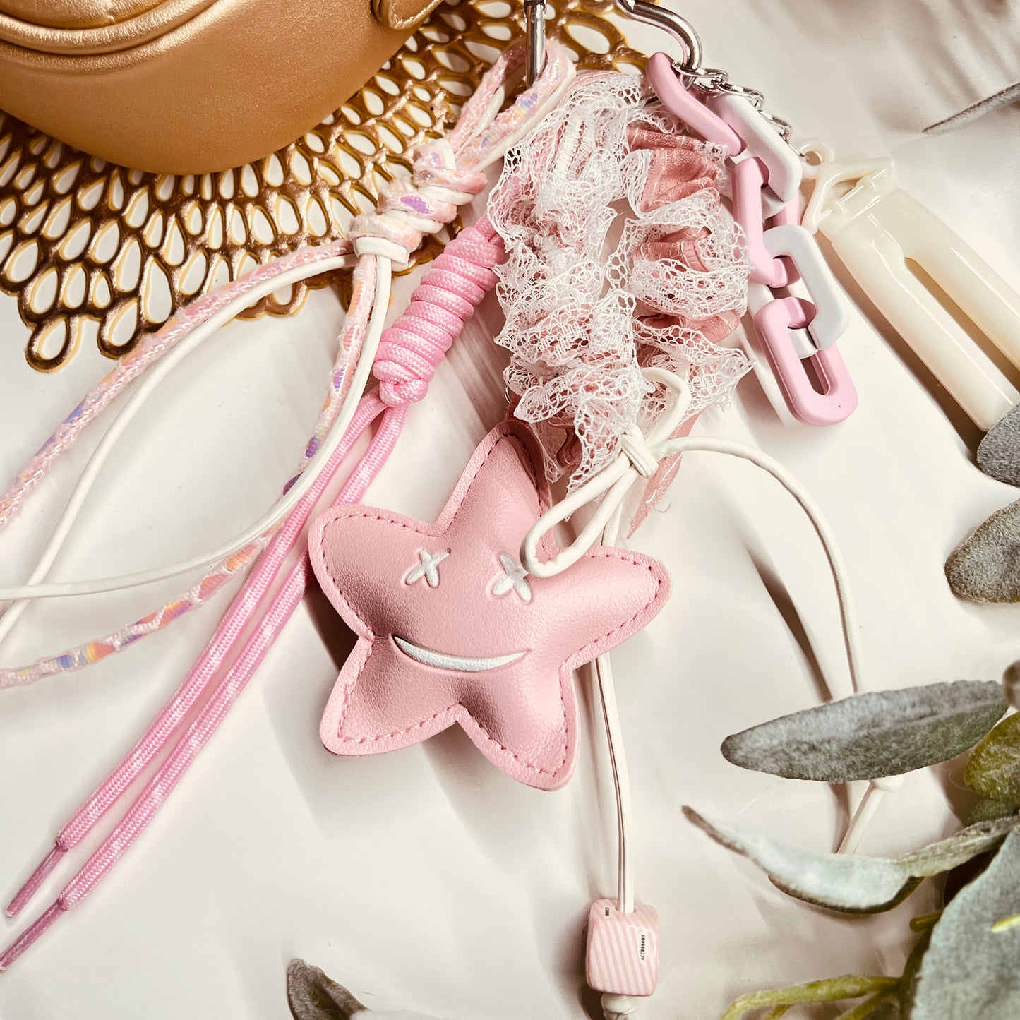 HANDMADE BAG CHARMS ~ PINK LEATHER STAR/PANTS