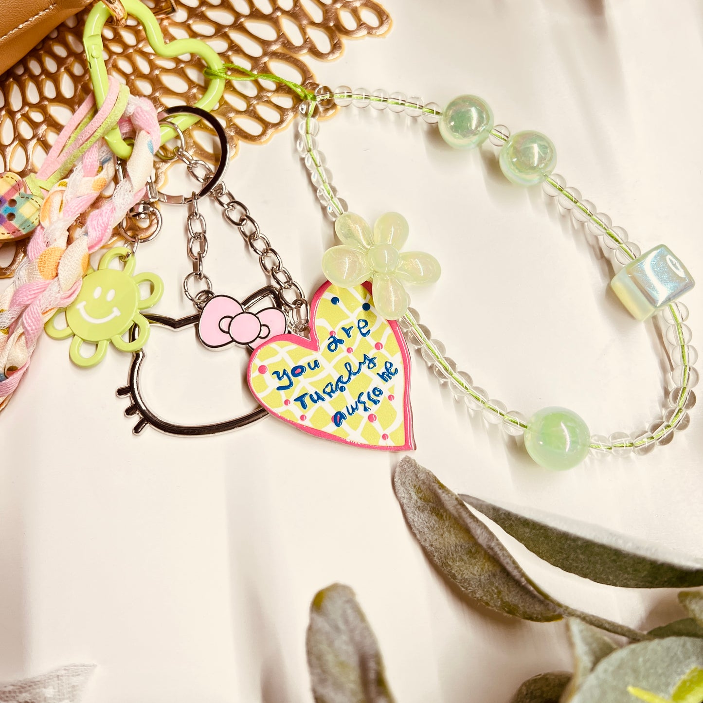 HANDMADE BAG CHARMS ~ PINK/LIME GREEN & HEARTS