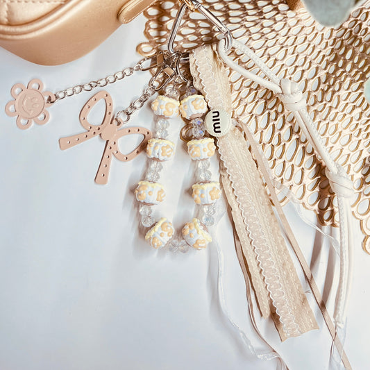 HANDMADE BAG CHARMS ~ BEIGE BOW/HAPPY FACE ~