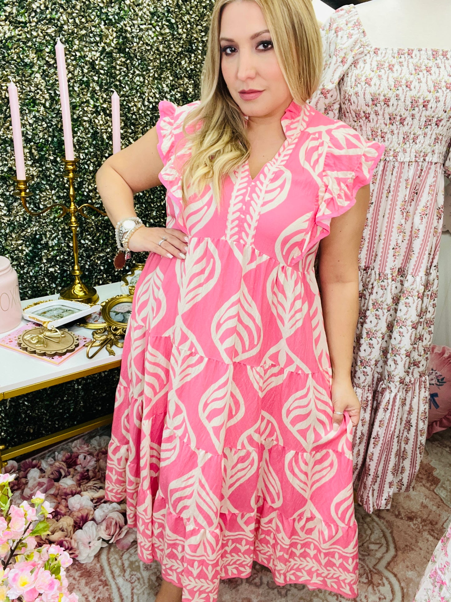 LEAF PRINT TIERED MAXI DRESS