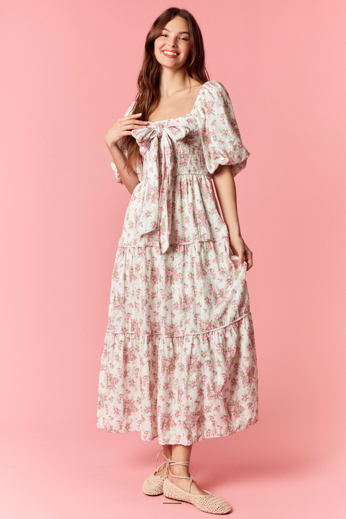 FLORAL PRINTED SMOCKING W/ BOW TIE MAXI DRESS