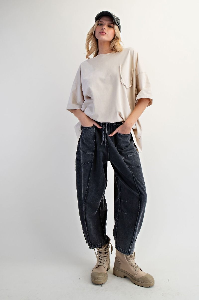 MINERAL WASHED TERRY KNIT BARREL PANTS - MOCHA