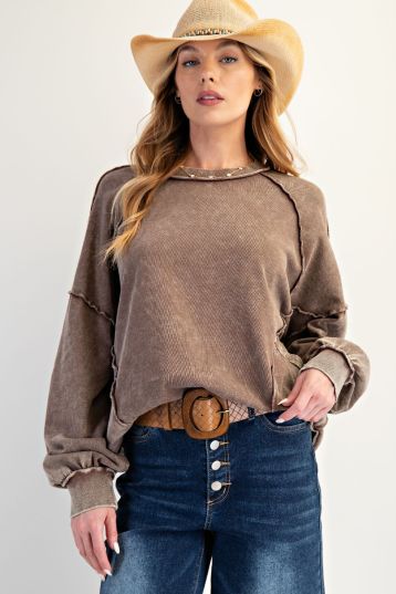 CUT OUT MINERAL WASHED PULLOVER - CACAO