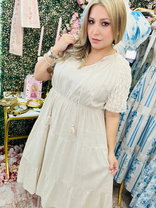 LINEN SPLIT NECK FRONT TIE MIDI DRESS