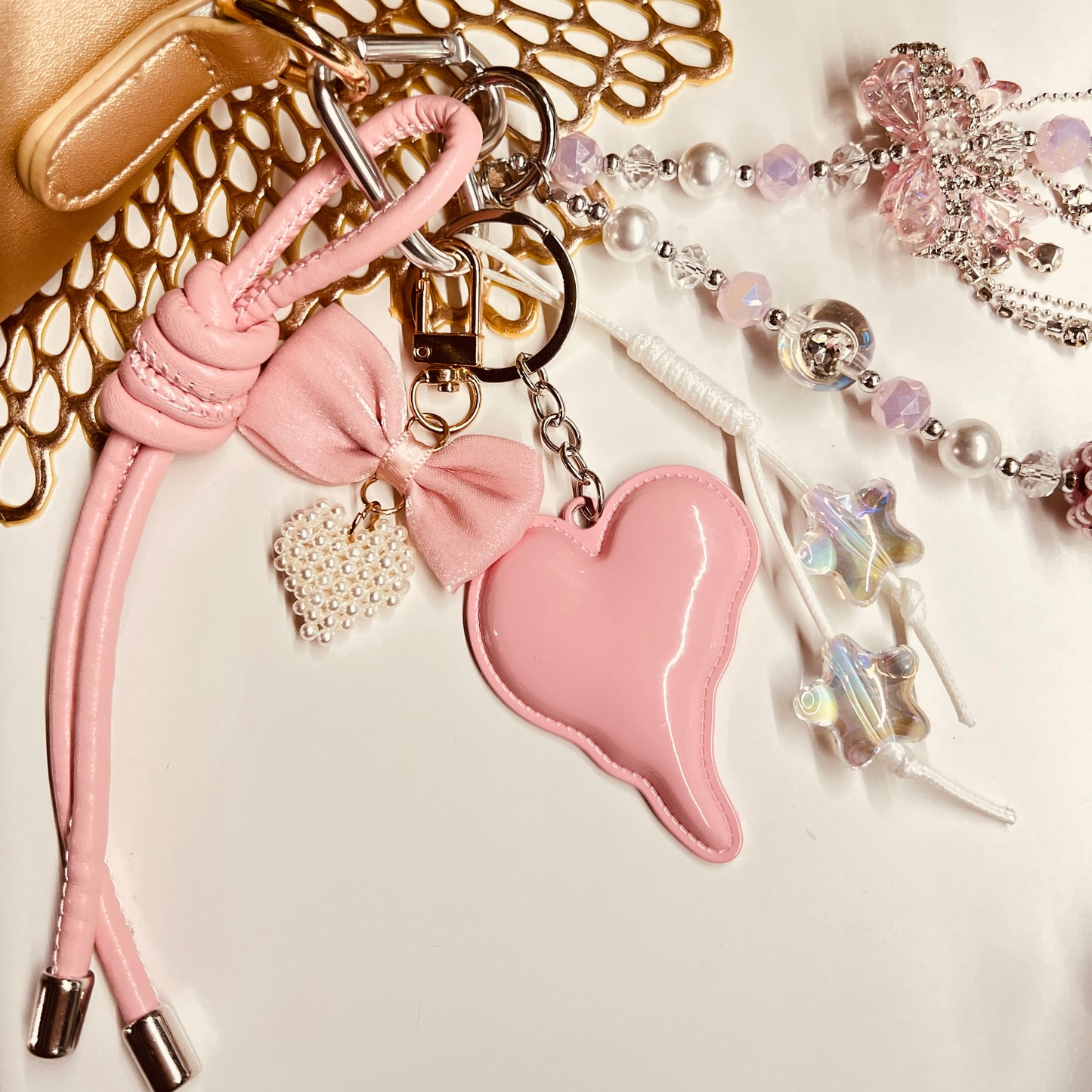 HANDMADE BAG CHARMS ~ METAL HEART/LUXE BEADS