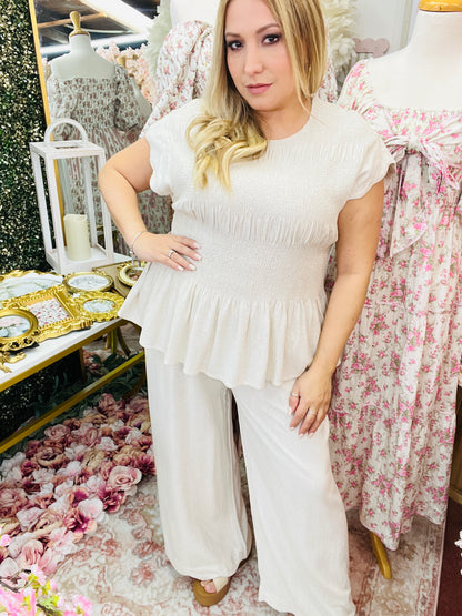 LINEN BLEND PEPLUM TOP/LINEN SCALLOP HEM WIDE LEG PANTS SET* OATMEAL