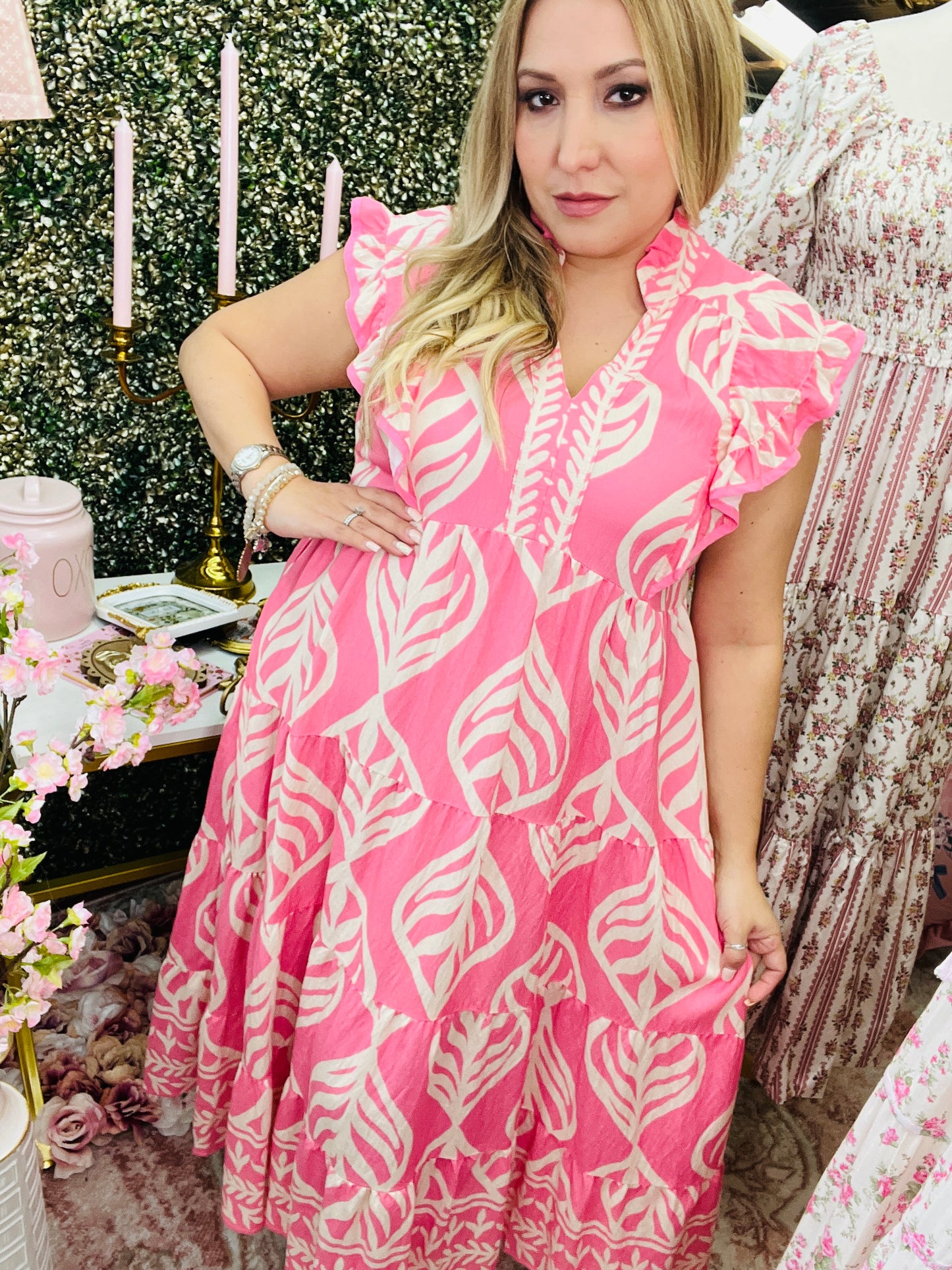 LEAF PRINT TIERED MAXI DRESS