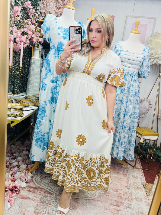 FLORAL BORDER PRINT MIDI DRESS - CREAM/TAUPE