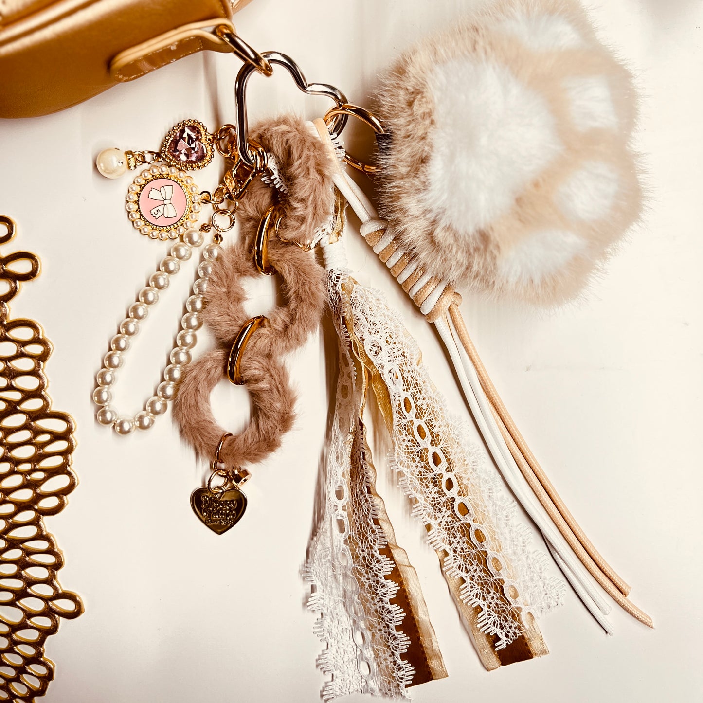 HANDMADE BAG CHARMS ~ PAW BEIGE/CEAM/GOLD