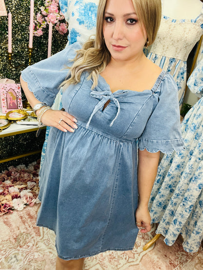 DENIM MINI DRESS WITH SCALLPOED SLEEVES