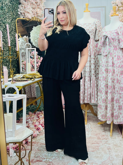 LINEN BLEND PEPLUM TOP/LINEN SCALLOP HEM WIDE LEG PANTS SET* BLACK