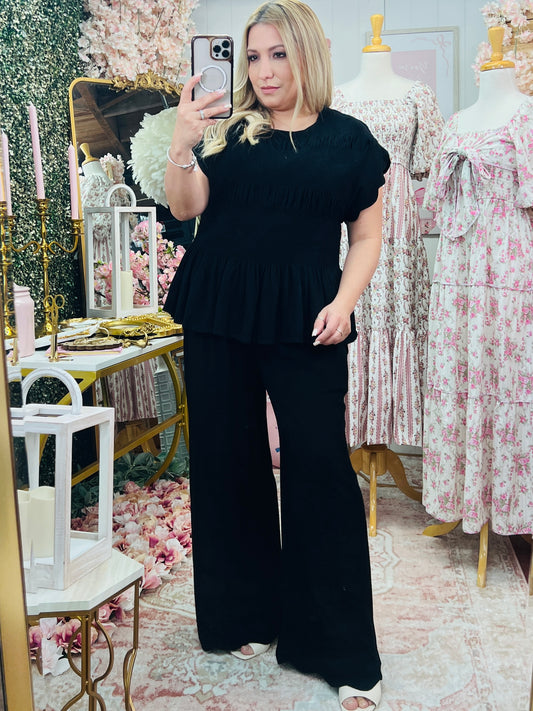 LINEN BLEND PEPLUM TOP/LINEN SCALLOP HEM WIDE LEG PANTS SET* BLACK