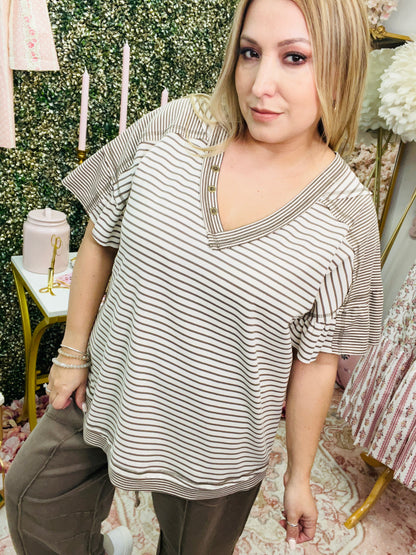 STRIPED KNIT V NECK TOP - MOCHA