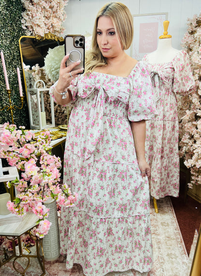 FLORAL PRINTED SMOCKING W/ BOW TIE MAXI DRESS