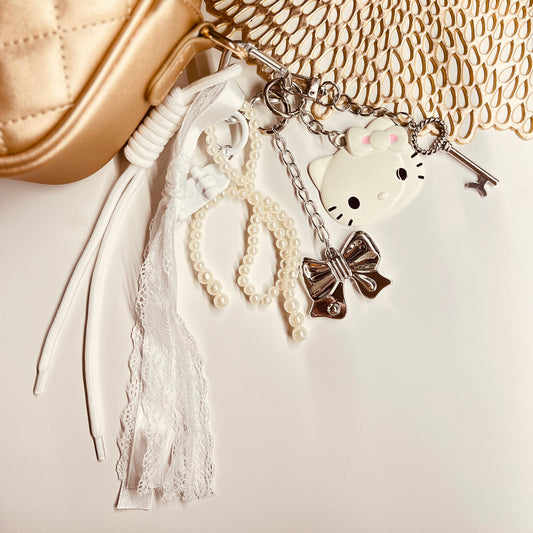 HANDMADE BAG CHARMS ~ CAT METAL FACE/SILVER BOW