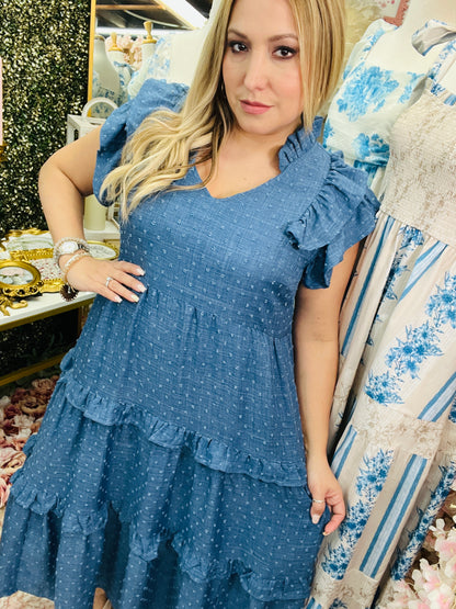 LINING DOUBLE RUFFLE SLEEVE TIERED DRESS ~ DENIM