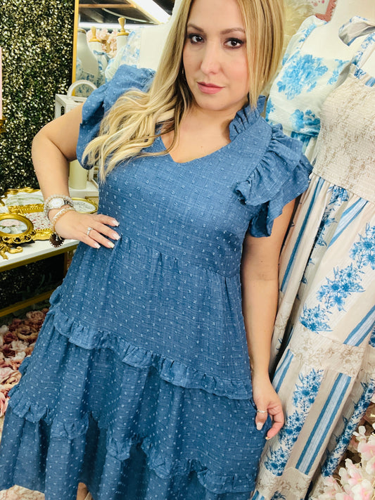 LINING DOUBLE RUFFLE SLEEVE TIERED DRESS ~ DENIM