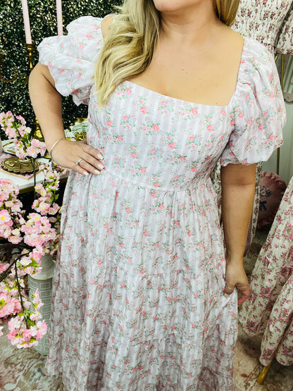 FLORAL PRINTED W/BOW BACK TIE DETAIL MIDI DRESS