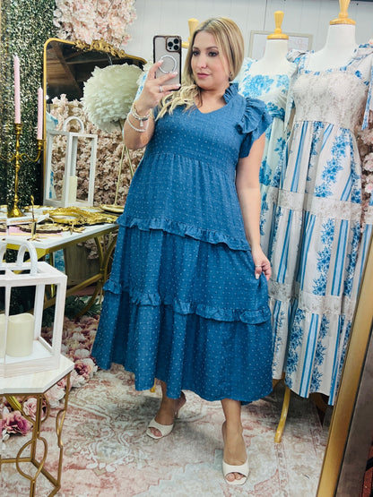 LINING DOUBLE RUFFLE SLEEVE TIERED DRESS ~ DENIM
