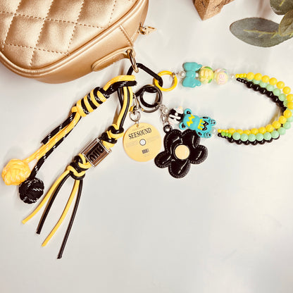 HANDMADE BAG CHARMS ~ BLACK FLOWER METAK CHARM