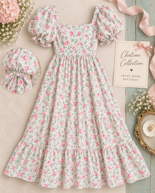 FLORAL PRINTED W/BOW TIE DETAIL MIDI DRESS