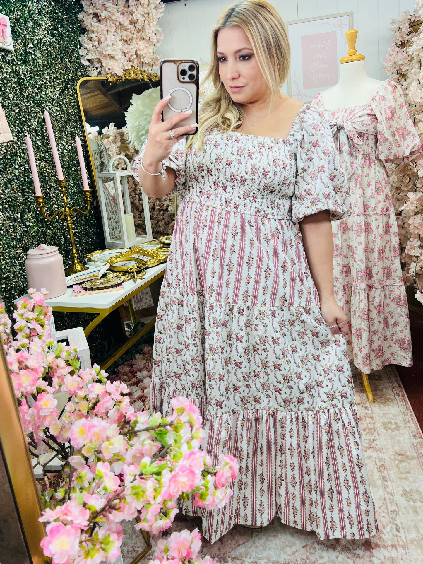 Floral Print Woven Bubble Sleeve with Smocking Top Tier Midi Dress