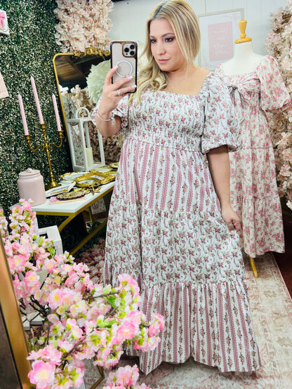 Floral Print Woven Bubble Sleeve with Smocking Top Tier Midi Dress