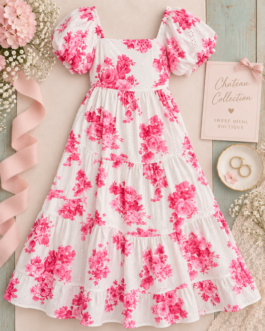 FLORAL PUFF SLEEVE W/ BACK SMOCKING MAXI DRESS ~ MAUVE