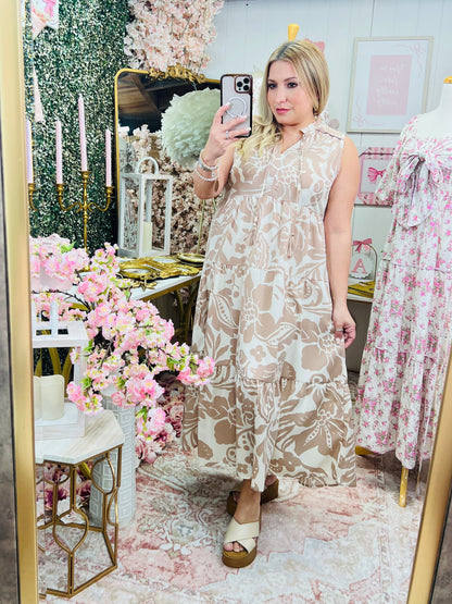 TWO TONE SLEEVELESS FLORAL MIDI DRESS