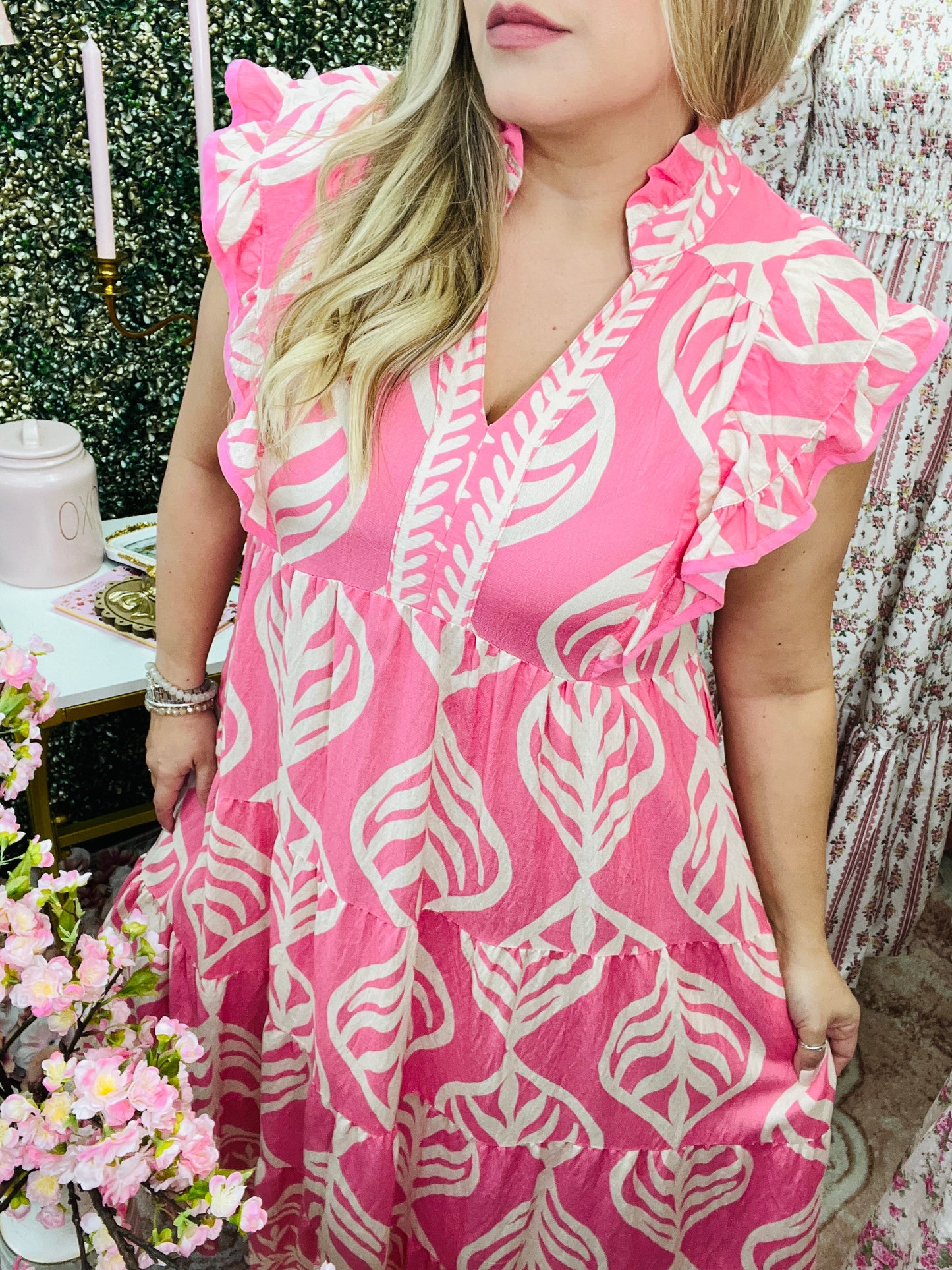LEAF PRINT TIERED MAXI DRESS