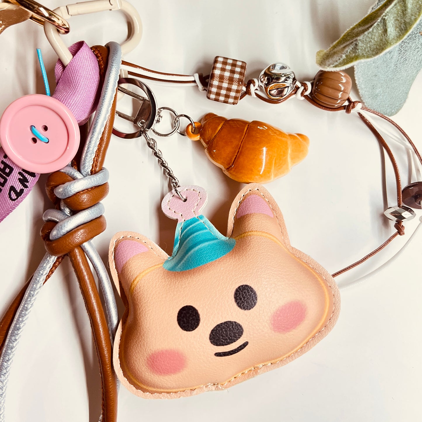HANDMADE BAG CHARMS ~ LEATHER CAT/ CROISSANT ~