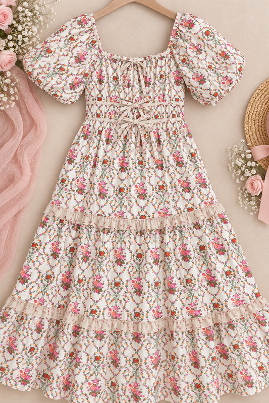 FLORAL RUFFLE PUFF SLEEVE MAXI DRESS