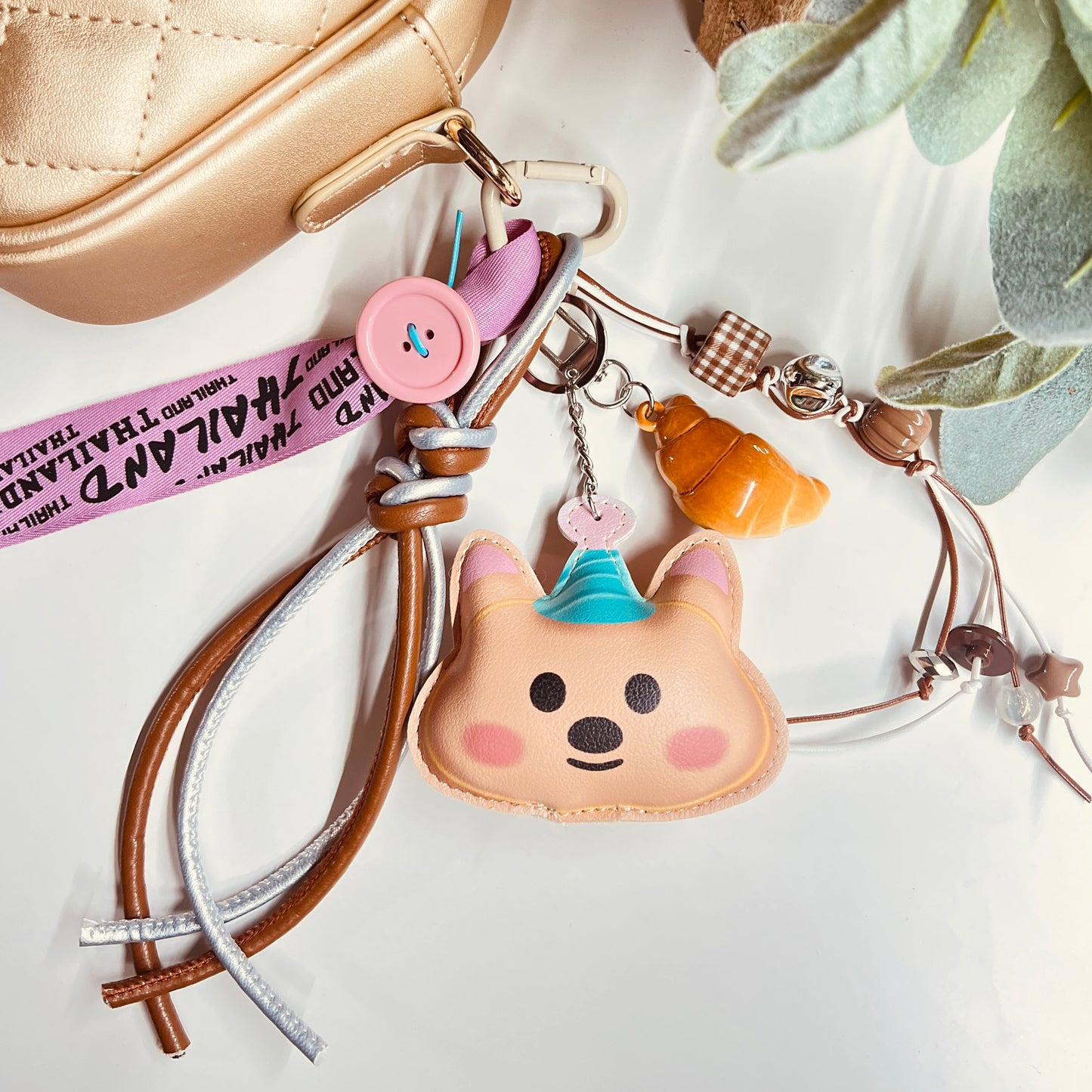 HANDMADE BAG CHARMS ~ LEATHER CAT/ CROISSANT ~