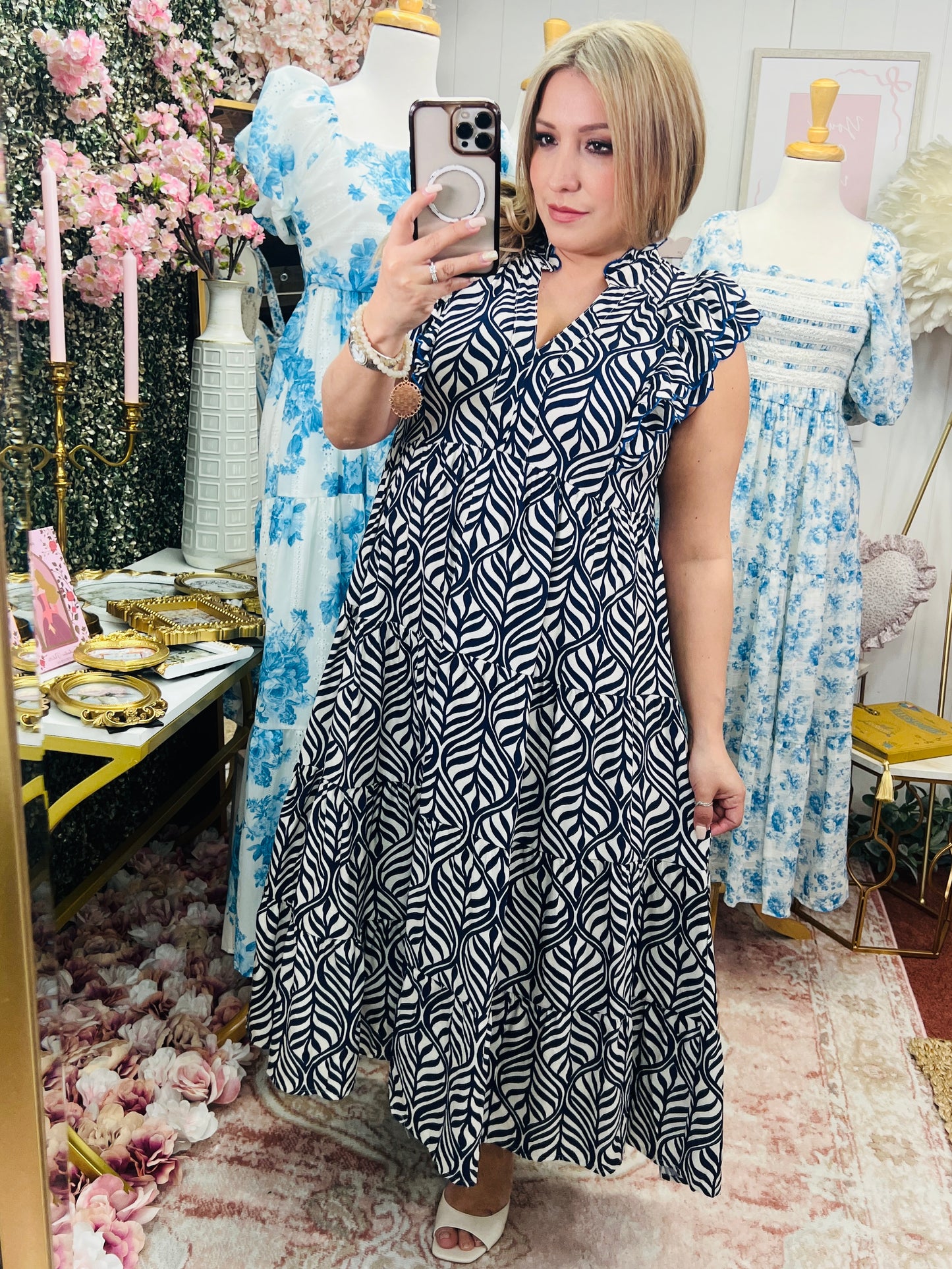 LEAF PRINT TIERED MIDI DRESS WITH RUFFLE SLEEVES