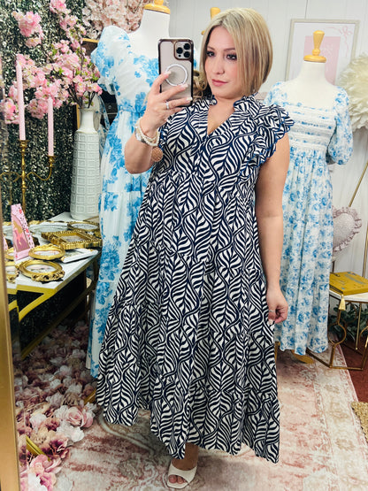 LEAF PRINT TIERED MIDI DRESS WITH RUFFLE SLEEVES