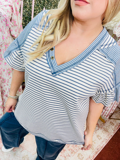 STRIPED KNIT V NECK TOP - DENIM