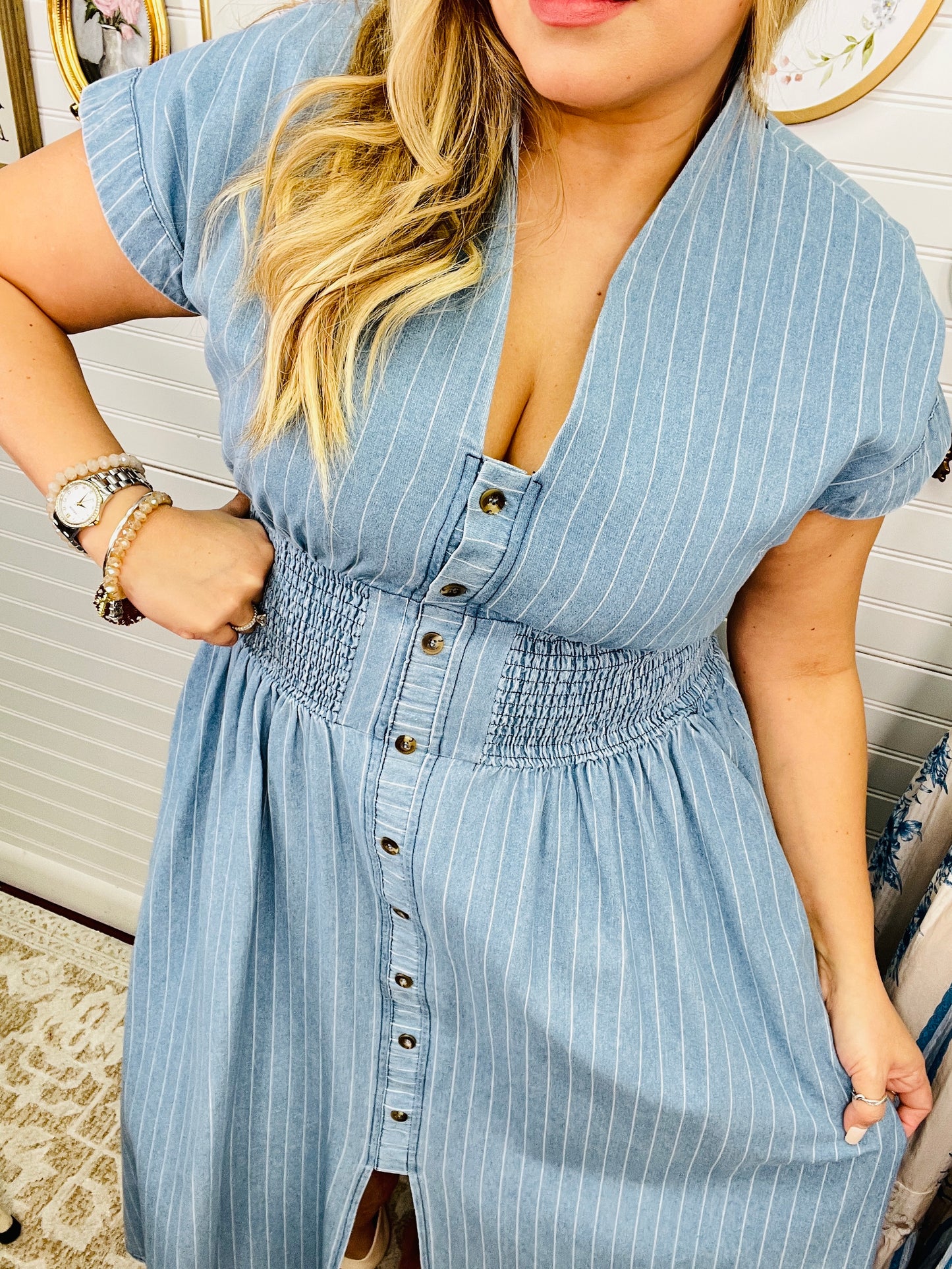 PINSTRIPE SMOCKED WAIST BUTTON-FRONT MIDI DRESS