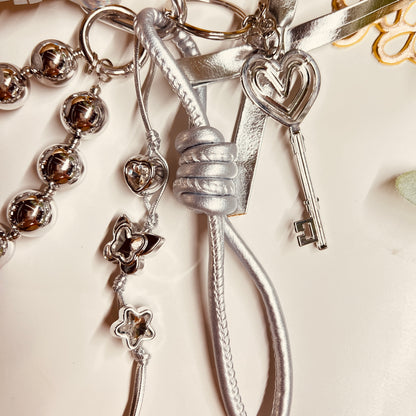 HANDMADE BAG CHARMS ~ SILVER HEART/SILVER BEADS CHAIN ~