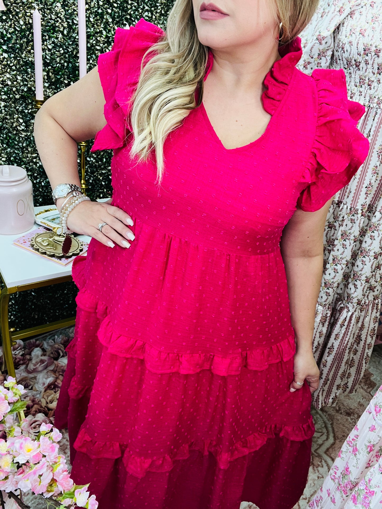 LINING DOUBLE RUFFLE SLEEVE TIERED DRESS ~ FUCHSIA