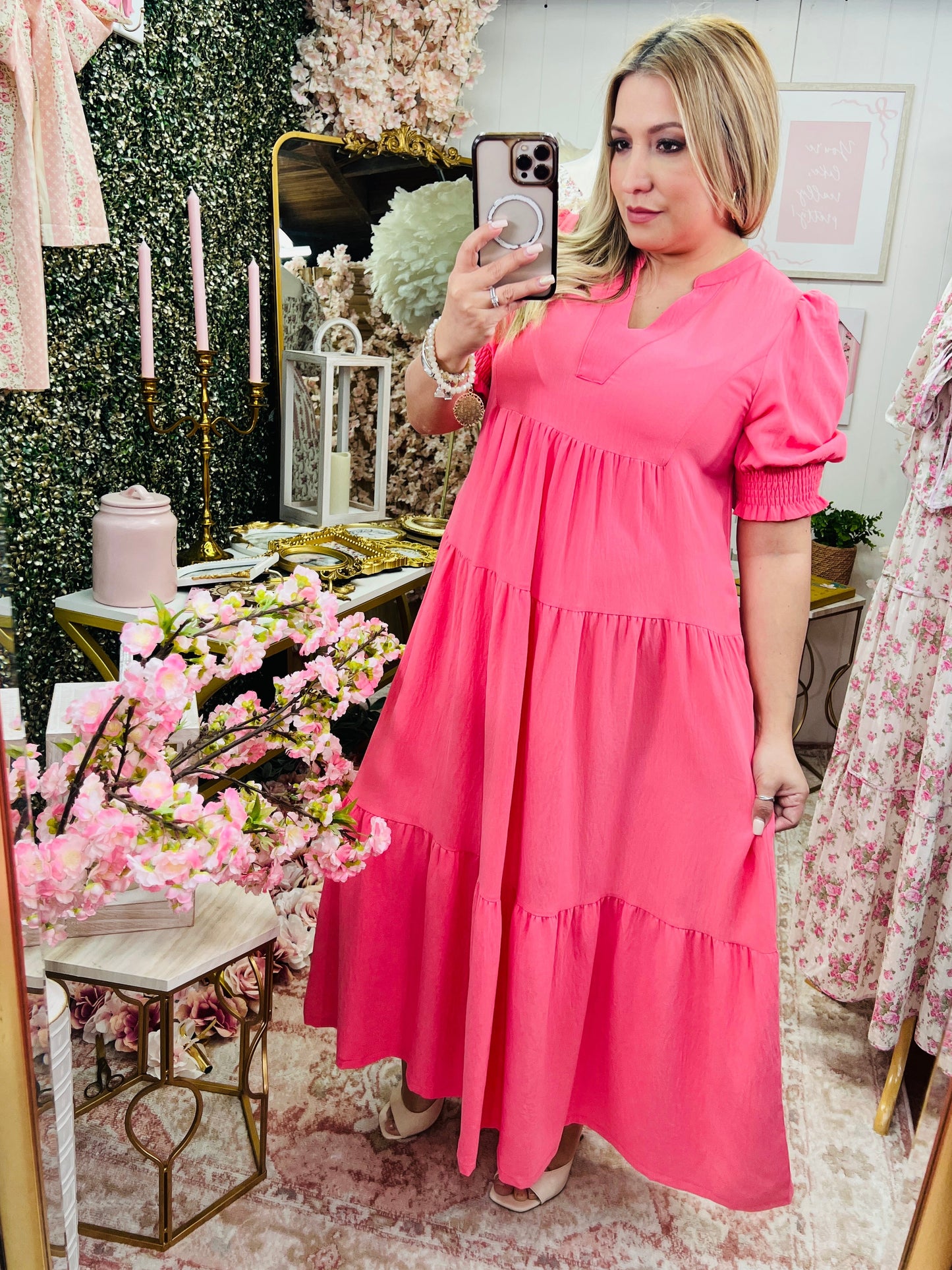 CORAL PINK V-NECK TIERED MIDI DRESS