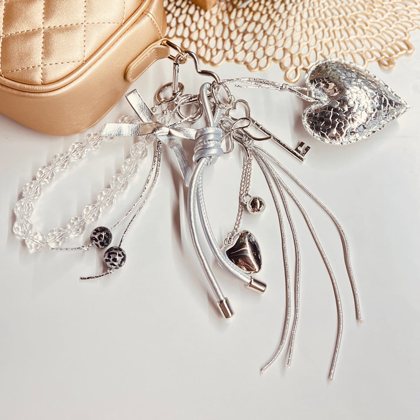 HANDMADE BAG CHARMS ~ SILVER FAUX LEATHER HEART ~