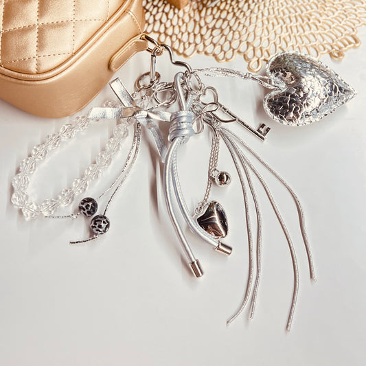 HANDMADE BAG CHARMS ~ SILVER FAUX LEATHER HEART ~