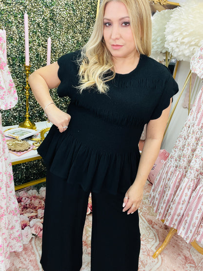 LINEN BLEND PEPLUM TOP/LINEN SCALLOP HEM WIDE LEG PANTS SET* BLACK