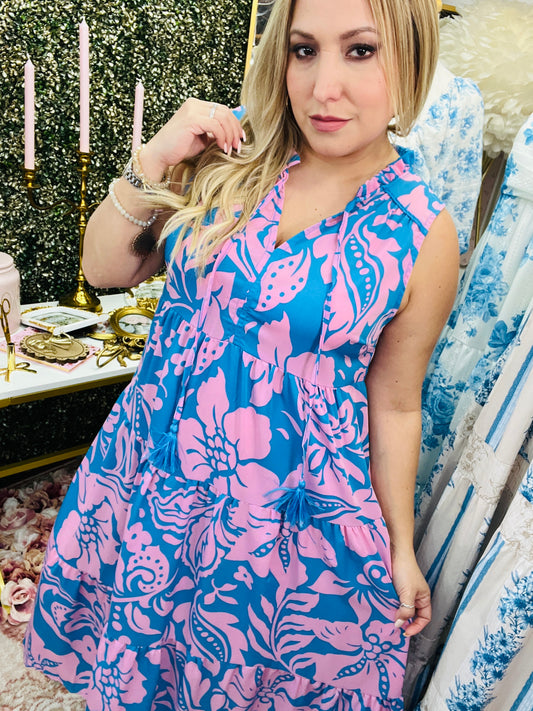 TWO TONE SLEEVELESS FLORAL MIDI DRESS ~ BLUE