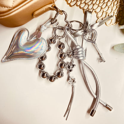 HANDMADE BAG CHARMS ~ SILVER HEART/SILVER BEADS CHAIN ~