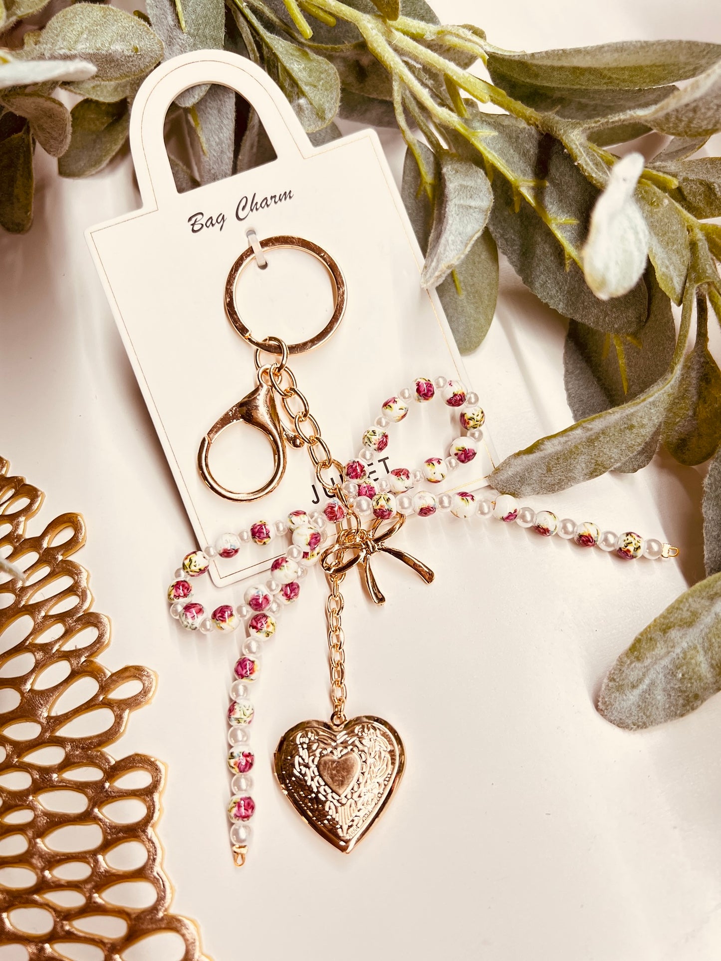 COQUETTE BOW/ GOLD HEART BAG CHARM