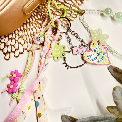 HANDMADE BAG CHARMS ~ PINK/LIME GREEN & HEARTS